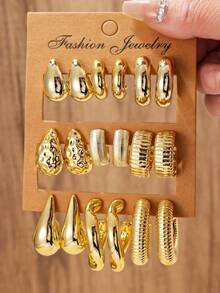 2-18pcs Fashionable & Elegant Geometric Water Drop C-Shaped Threaded Gold Tone Earrings Set, Suitable For Women's Daily Wear, Multi-Functional Earrings For Party, Date, Holiday And Travel - Gold - View 1