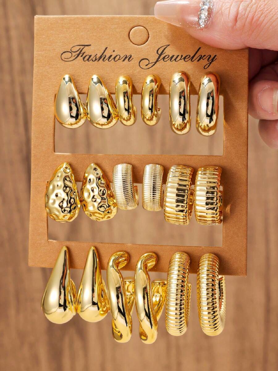 2-18pcs Fashionable & Elegant Geometric Water Drop C-Shaped Threaded Gold Tone Earrings Set, Suitable For Women's Daily Wear, Multi-Functional Earrings For Party, Date, Holiday And Travel - Gold - View 1