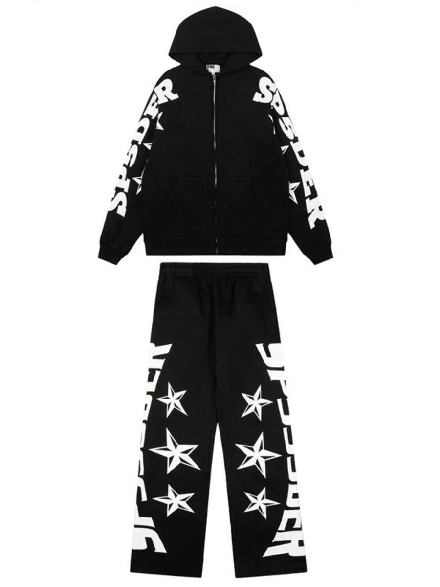 Streetwear Brand Sp5de Spider Web Star Letter Zipper Cardigan Hoodie Men's And Women's Long Pants Set - màu đen - Xem 1