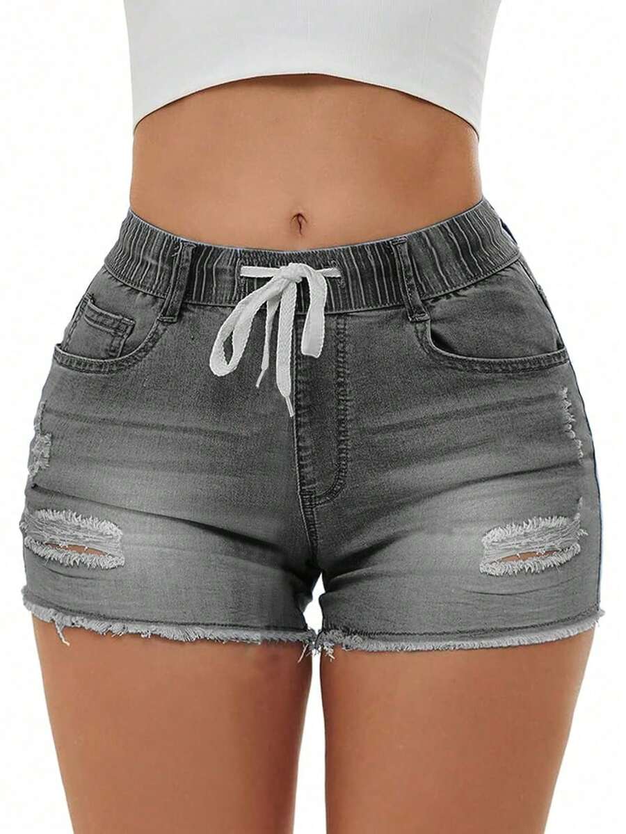 Celana Pendek Denim Wanita dengan Saku, Model Sobek, Elastis, dan Tali Serut, Kasual untuk Musim Panas - Light Grey - View 1