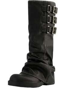 Fold Over Knee High Boots Slouch Boots For Women Chunky Goth Platform Boots,Wide Calf Long Boots Square Toe Riding Boots, Dressy Wedding Bride Bridesmaid Prom Graduation Business Dress Shoes,For Carnival Music Festival Concert,Fashion Party Dress Shoes - 黑色 - 查看 5