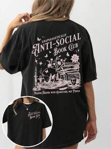 Cute, Fun And Comfortable Pattern Short-Sleeved, Anti-Social Book Club Cartoon Letter Pattern Printed Women's T-Shirt, Suitable For Various Occasions, Festival Gifts, Birthday Gifts, Music Festivals, Casual, Versatile And Comfortable, Beach Vacation, Simple And Fashionable, Suitable For Daily Wear Of Women And Girls - 黑色 - 查看 4