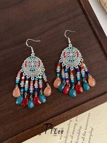 一对波西米亚流苏人造水晶耳环，复古高端夸张吸睛耳环，适合度假、海滩派对、宴会等场合佩戴。送给女性的最佳礼物，节日佳品。 - 波希米亞 - 查看 5
