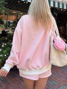 Conjunto de dos piezas a rayas para mujer, pantalones cortos Y2K, sudadera holgada de manga larga con cuello alto, jersey y pantalones cortos, chándal de primavera y otoño, ropa de estar por casa - Rosa - Ver 2