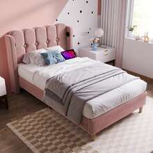 Upholstered Single Bed With USB Type-C Charging Function, Bed Frame With Slatted Base, Upholstered Bed In Pink, 90 X 200 Cm Bed Frame, Youth Bed For Bedroom/Guest Room - Velvet - Hot Pink - View 1