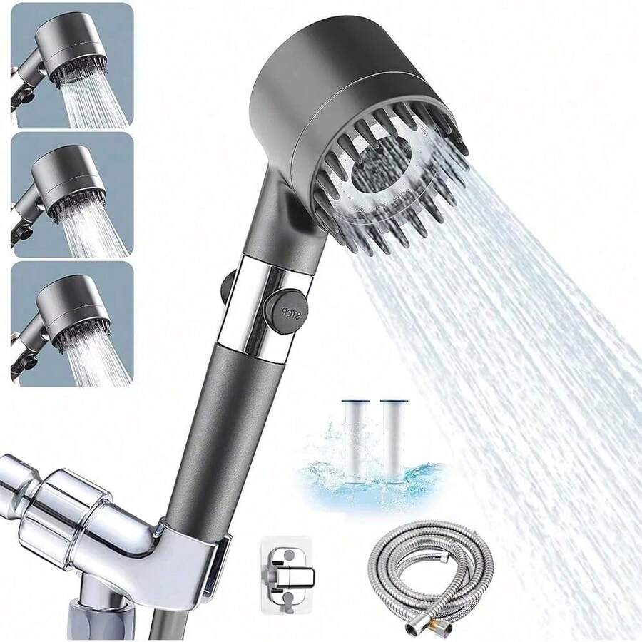 Regadera de Mano de Alta Presión con Filtro y 3 Modos – Cabezal de Ducha Tipo Spa, Ahorro de Agua y Masaje Potente con Botón ON/OFF para Baño - Gris - Ver 1