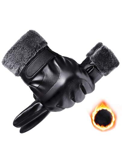 1 Pair Casual PU Leather Splicing Men's Gloves, Winter Warm Plush Cuff, Outdoor Windproof, Touchscreen Palms, Anti-Slip, Simple Classic Fashion Versatile Black Outdoor Sports Cycling Gloves