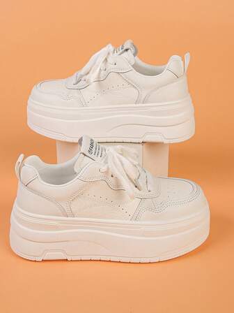 Women's Thick Sole Sneakers, Solid Color Casual Preppy Athletic Outdoor Lace-Up Fashion Versatile Platform Low-Top Shoes, White, Suitable For Gym, Outdoor, Spring/Autumn