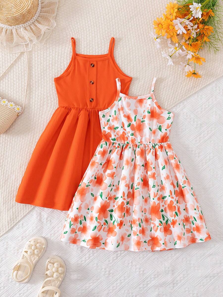 BASUSARRI 2件套女童碎花数码印花休闲无袖露肩夏季连衣裙，百搭度假风