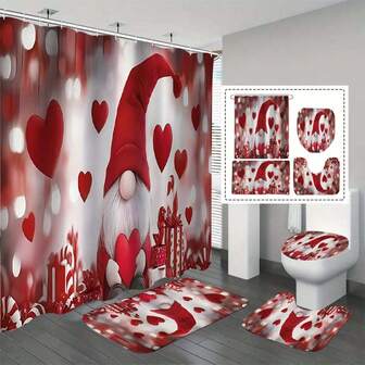 1/4 Piezas Conjunto de decoración del Día de San Valentín con cortina de ducha impermeable con forma de corazón y gnomos, incluye cortina de ducha impermeable, alfombra antideslizante, tapa de inodoro, alfombra de baño y 12 ganchos de plástico, cortina de separación de baño seco y húmedo