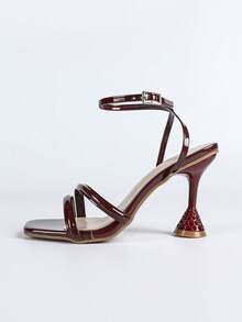 Women's Fashionable Elegant Versatile Minimalist Burgundy Square Toe Ankle Strap High Heel Sandals, Charming Glamorous For Summer Wedding, Party, Outdoor Activities, Daily Wear - Burgundy - View 6