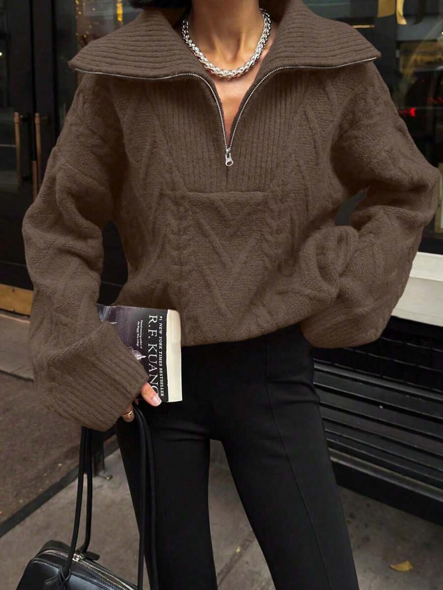 SEREN Autumn And Winter New Brown Retro Ribbed Twisted Flower Sweater Women's Loose Zipper Half Open Design Knitted Sweater Top, Suitable For Wearing When Going Out - Coffee Brown - View 1