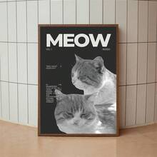 1幅“喵”复古风格猫咪眯眼帆布艺术海报 - 时尚黑白墙面装饰，适用于卧室、客厅、家庭办公室 - 耐用无框印刷，带字母装饰，卧室墙面艺术 | 时尚家居装饰 | 无框帆布画，猫咪装饰 - 彩色 - 查看 4