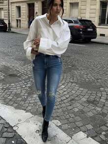 Jean taille haute élégant et moulant, long, stretch moyen, boutonnage, sans manches, adapté à toutes les saisons, décontracté le week-end, vêtements pour femmes - Bleu azur - Voir 3