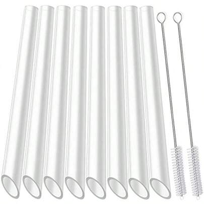 Reusable Clear Boba Straws 13 Mm X 10.5 In Jumbo Hard Plastic Smoothie Straws For Bubble Tea Popping Pearls Pack Of 8 With 2 Cleaning Brush