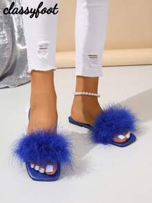 1 Pair Women Blue Faux Leather Fluffy Decor Slip-On Flat Slippers, Non-Slip, Fashionable For Home/Party,Spring Summer Outfits - Blue - View 6
