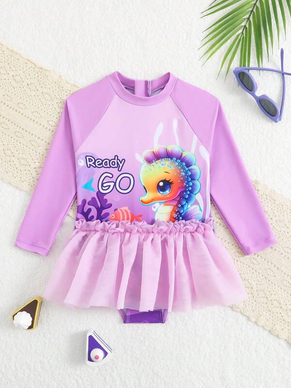 Toddler Girls' Cartoon Seahorse Print Long Sleeve Zipper Rash Guard With Mesh Skirt Set, Girls' One-Piece Swimsuit, Beach Party, Vacation Swimwear