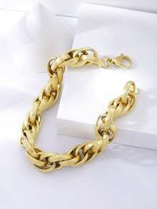 1pc Fashionable Gold Stainless Steel Double Buckle Bracelet, Children Wristband Accessory, Street Hip Hop Punk Style - Gold - View 3