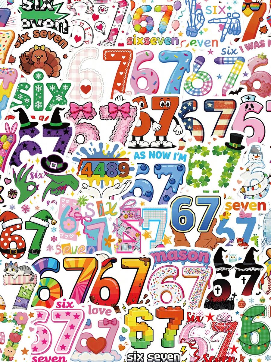 50张趣味67六七贴纸 67 DIY贴纸 剪贴簿 手机 行李箱 防水贴纸 - 1 Set - 查看 1