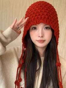 1 Piece/Women's Winter Crochet Colorful Pom Pom Beanie, Tassel Braided Design Warm Earmuff Hat, Contrasting Color Knitted Hat, Suitable For Daily Wear Bohemian Style, Christmas Gift - 酒紅色 - 查看 5