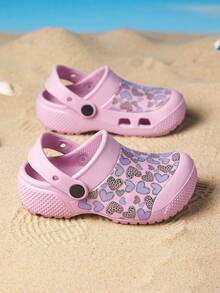 1 Pair Girls' Comfortable Fashion Casual Lightweight Cute Pink Heart Print Outdoor Beach Toe-Protection Clogs, Spring/Summer - Pink - View 5