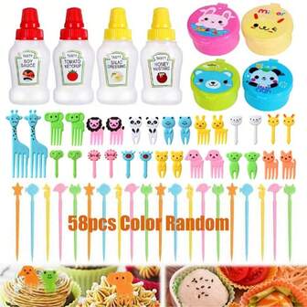 50/55/58pcs Silicone Baking Mold Set, Cartoon Animal & Fruit Forks, Mini Condiment Bottles, Salad Sauce Containers