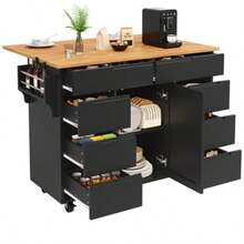 Modern Kitchen Island, Kitchen Cabinet, Extendable Kitchen Trolley With Wheels And Worktop, Serving Trolley With Spice Rack And 8 Drawers, Black - Black - View 7