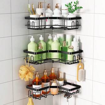 Living And Home  Space-Saving Corner Shower Caddy Set 3 Piece Black Metal Rust-Resistant Extra Hooks Quick Setup Bathroom Storage