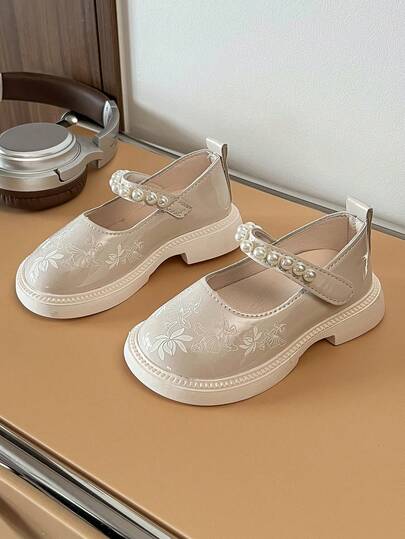 2026 New Girls Pearl-Trimmed Mary Jane Shoes, Dark Floral Pattern Decor, Glossy Fabric, Non-Slip Durable, Closed Toe Design, Thick Foam Sole, Sweet & Stylish, Suitable For Daily Wear, Festivals And Birthday Parties