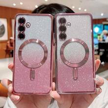 Hadaasi 1pc Pink Compatible With Samsung Galaxy A56 A36 A16 S25FE Phone Case, Compatible With Magnetic Attraction, Transparent Gradient Magnetic Shiny Luxury Electroplated Soft TPU Phone Case, Full Camera Lens Protection, Suitable For A Series And S Series, Compatible With Apple 17pro/17promax/Apple Air/17/16pro/16promax/16plus/16/16E - Pink - View 9