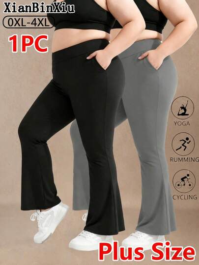 XianBinXiu 1件装女士加大码高腰喇叭裤瑜伽裤，带侧袋，舒适弹力黑色修身喇叭裤，加大码紧身裤/瑜伽裤，休闲舒适，适合日常穿着，瑜伽紧身裤/加大码修身显瘦款