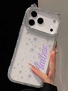 Étui de téléphone personnalisé avec oreilles de chat en cristal de luxe étincelant et nom personnalisé, compatible avec 17 Pro Max, 17 Pro, 16, 15, 14, 13, 12, 11 Pro Max, 16, 15 Plus - Transparent - Voir 5