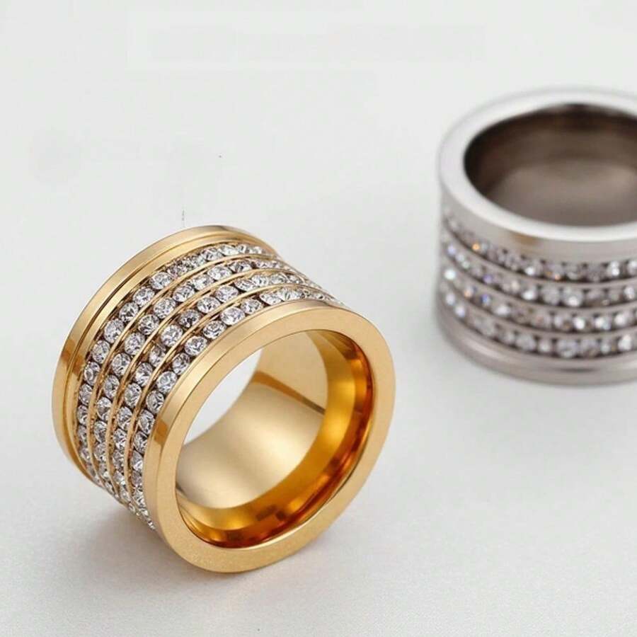 1pc Fashionable Men's 15MM Stainless Steel Wide Band Ring With 4 Rows Of Synthetic Zirconia Stones, Low Allergy, Suitable For Wedding And Engagement, Unique Creative Gift - Silver - View 1