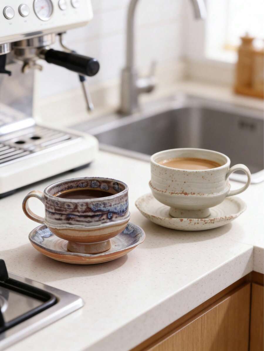 1件/2件套复古裂纹釉陶瓷马克杯碟套装，日式咖啡杯，北欧下午茶/早餐杯，返校季 - 彩色 - 查看 1