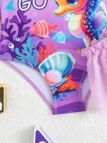 女童卡通海马印花长袖拉链防晒衣配网纱裙套装，女童连体泳衣，沙滩派对，度假泳装 - 淡紫色 - 查看 5