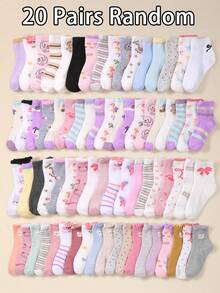 20双儿童条纹、波点、蝴蝶结、动物图案中筒袜。舒适、柔软、透气、百搭。适合日常穿着和上学穿着。女童运动袜。圣诞节袜子礼物。款式多样。 - 彩色 - 查看 22