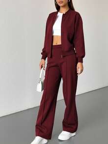 两件装纯色休闲拉链连帽衫，女士运动卫衣，适合运动、居家、办公、街头穿着，春秋冬皆宜 - 酒紅色 - 查看 1