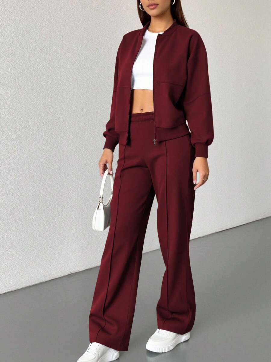 两件装纯色休闲拉链连帽衫，女士运动卫衣，适合运动、居家、办公、街头穿着，春秋冬皆宜 - 酒紅色 - 查看 1