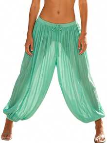 Womens Lantern Pants Casual Loose Fit Stylish Solid Color Drawstring Mid Rise Trousers - Green - View 4