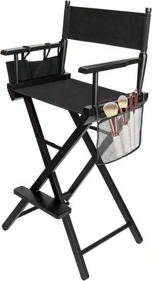 OmySalon Upgraded 31" Height Tall Director Chair Folding Artist Makeup With Replacement Cover Canvas, Storage Side Bags, Portable Footrest, Support 250 Lbs,Solid Hardwood &Amp; Polyester Black