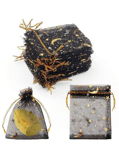 10/20/50pcs Moon & Star Silk Gift Bags - 2.76x3.54 Inch Wedding Favor Bags With Drawstring, Black Silk Jewelry Gift Bags For Weddings, Baby Showers, Eid Celebrations