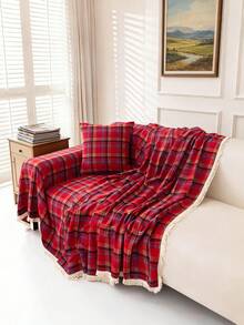 1件复古美式格子多功能防滑沙发套毯，带流苏