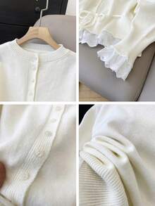 JIANHU Solid Color Drawstring Knit Cardigan - Fall/Winter Round Neck Button-Up With Contrast Lace Peplum Hem | Cozy Coffee Date & Christmas Party | Warm And Versatile For Christmas, New Year Party & Daily White - White - View 8