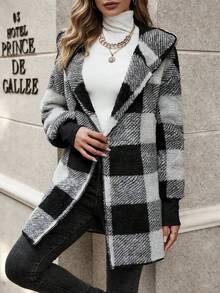 Plaid Color Block Cardigan Moda Suéter Mujeres Cárdigan oversize de estilo europeo y americano con estampado de cuadros en bloques de color y ribete de piel Prenda de punto de moda para mujer Cárdigan de lana con capucha, solapas grandes y estampado de cuadros en bloques de color Estilo informal y holgado Silueta cálida y favorecedora - Gris Oscuro - Ver 3