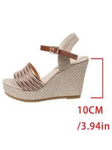 Women's Fashion Casual Wedge Sandals, Gold Ribbon Bohemian Woven Slides, Platform Thick Sole High Heel Shoes, Versatile Slip-On Commute & Party Footwear - Champagne - View 9