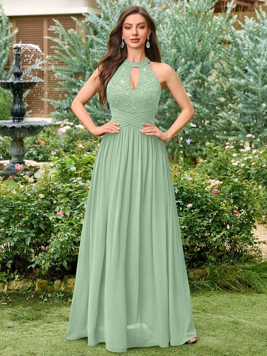 MIUSOL Đầm dạ hội hở lưng, chất liệu chiffon phối ren hoa đính sequin, màu tương phản, xếp ly, thích hợp cho khách dự đám cưới, lễ tốt nghiệp, tiệc chiêu đãi và các dịp khác trong mùa hè.