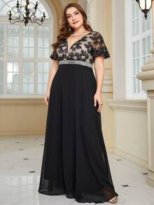 UNITHORSE [Random Cut] V-Neck Short Sleeve Cinched Waist Chiffon Evening Dress - Black - View 3