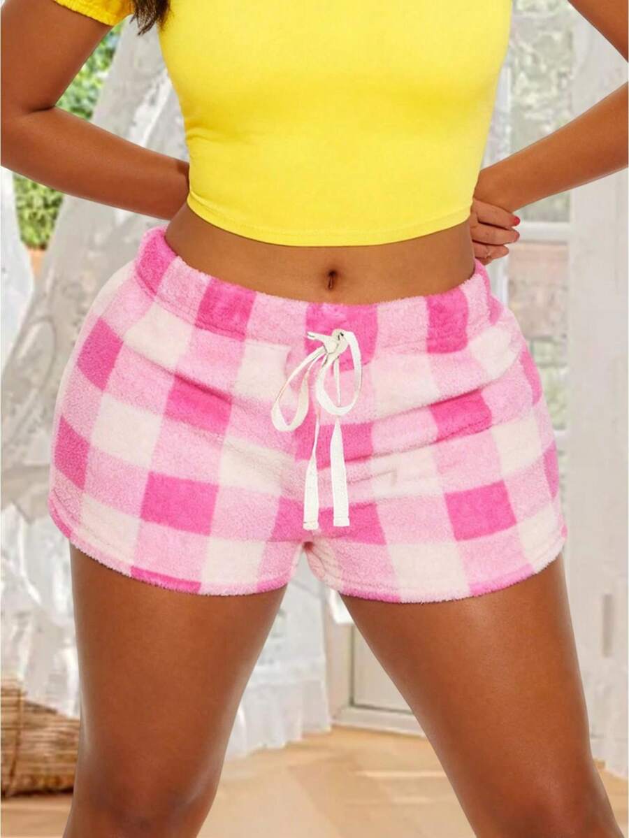 Womens Plaid Shorts Casual Elastic Waist Drawstring Mini Lounge Shorts With Pockets For Daily - White - View 1