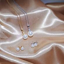 Simple Luxury Round Pearl Charm Jewelry Set, Exquisite Zirconia Detail Necklace & Earrings, Timeless Fashion Accessories For Mom, Wife & Anniversary