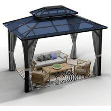 Studyset 10x13FT Double Roof Gazebo, Large Outdoor Gazebo With Aluminum Frame Dual-Track Curtains & Netting, UV-Resistant Water-Drainage Weatherproof Quick-Assembly Hardtop Gazebo For Backyard Patio Canopy - Khaki-10x13FT - View 7